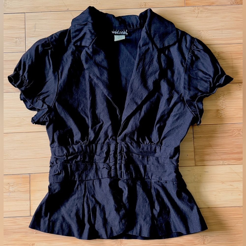 Vintage Wet Seal Black Ruched Peplum Blouse – Made in USA – Size Large